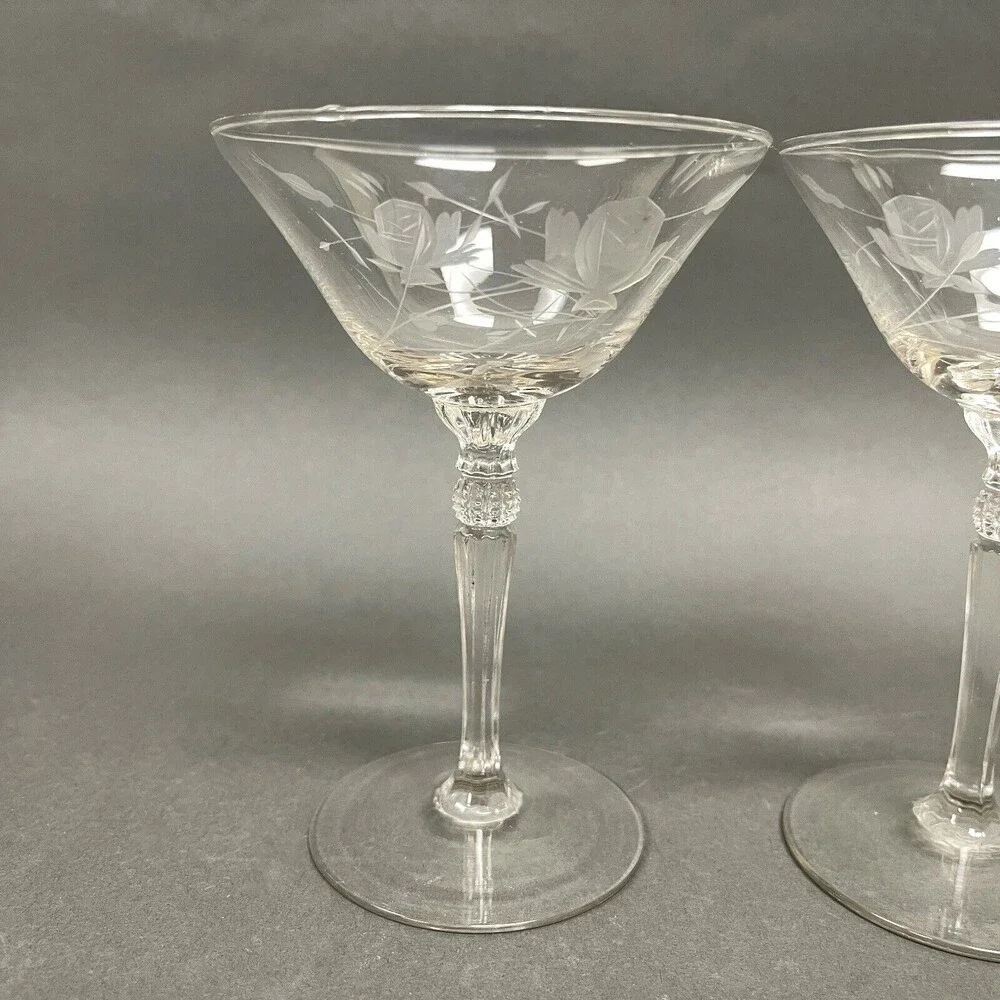 Vintage Wine Glass Glasses Clear Etched Roses Floral 6